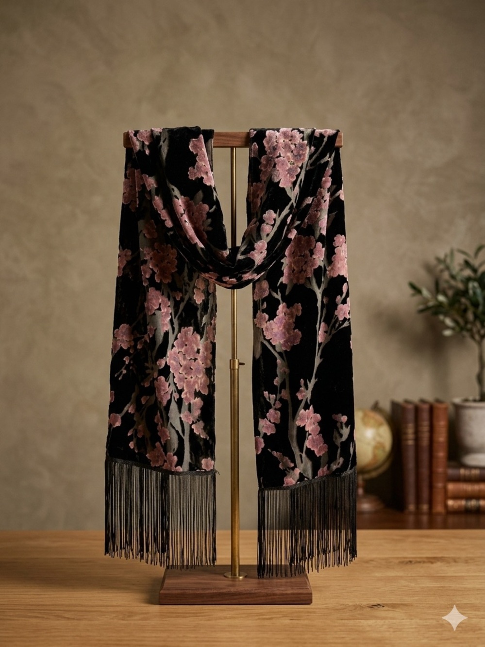 Coco + Carmen Black Velvet Draped Scarf with Pink Floral Motif and Fringe